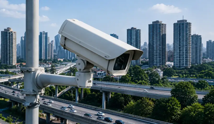 Roadside CCTV camera overlooking highway traffic