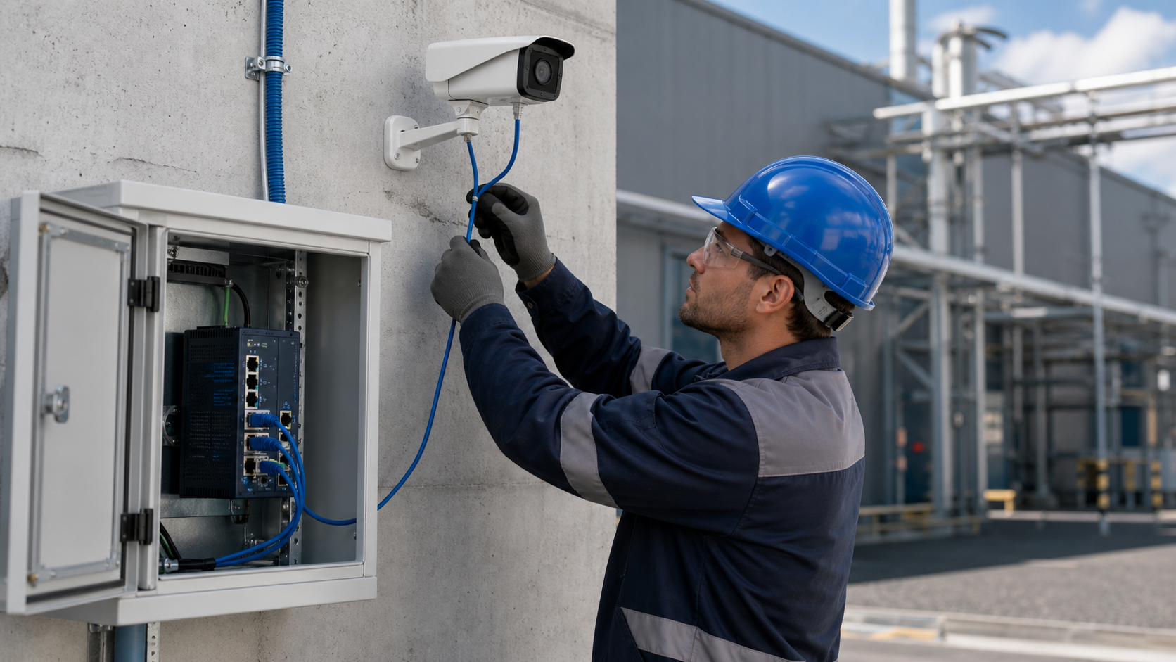 Technician connecting PoE camera and industrial switch