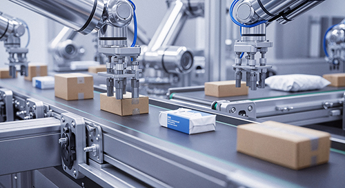 Automated production line with industrial robotic arms